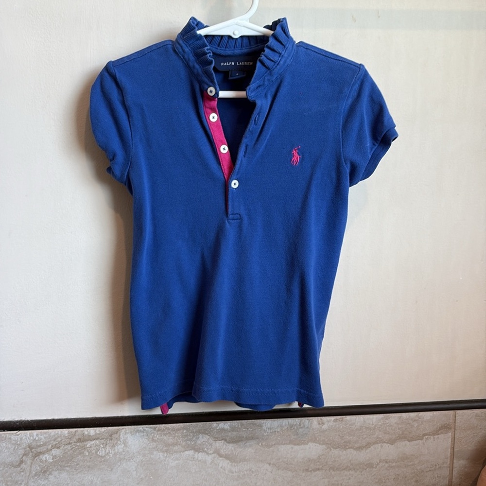 Little girls Ralph Lauren Polo, Navy & Pink with Ruffle collar